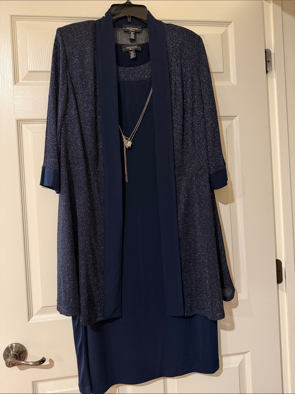 R&M Richards Navy Sparkle Layered Top with Necklace Accent